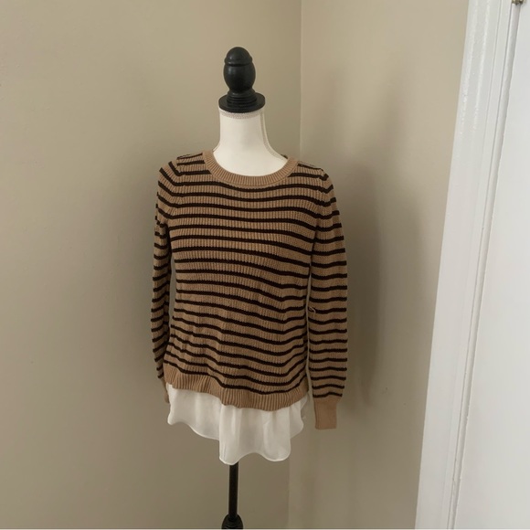 Loft Tan Black Stripe Chunky Knit Faux White Chiffon Layered Sweater Open Back S - Picture 2 of 8